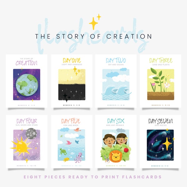7 Tage der Schöpfung Flash Karten, Genesis, Bibelstunde für Kinder, Homeschool Aktivitäten, Sonntagsschulstunde, christliche kinderfreundliche Aktivität