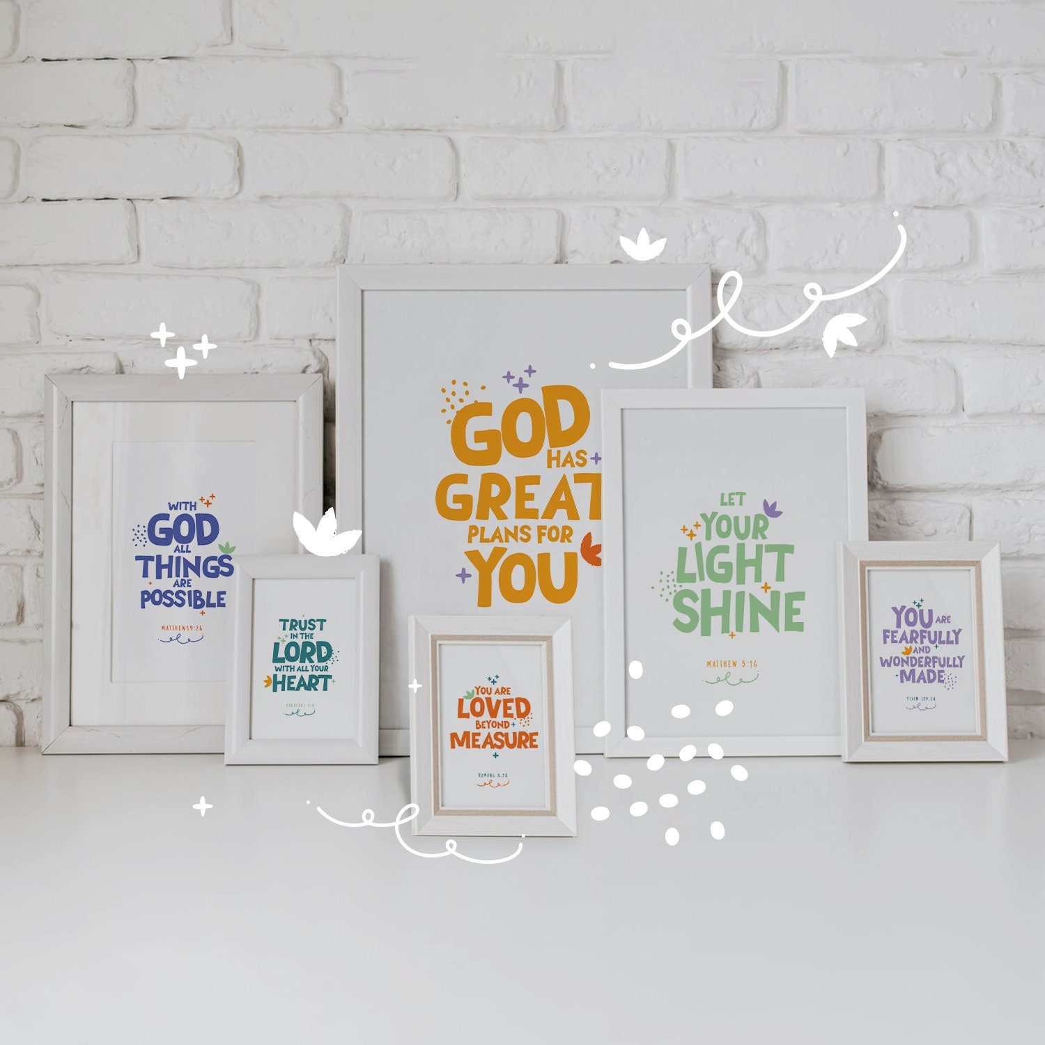 Set of 6 Kids bible verse wall art, Christian Nursery Playful Scripture Wall Art, Church Nursery Room Decor Bundle, Sunday School Classroom.