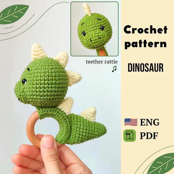 Green soft cute Dinosaur crochet English pattern Amigurumi rattle, teether Dragon gifts for boys baby shower crochet gift