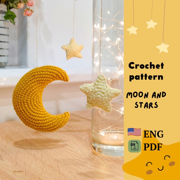 Moon and stars Crochet PATTERN PDF Amigurumi Mobile toys. Cute suspension in the stroller starry sky for baby.