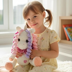 May include: A crocheted unicorn doll with a white body, pink, purple, and white curly hair, and a pink heart on its belly. The doll has black button eyes and is being held by a young girl wearing a yellow floral dress.