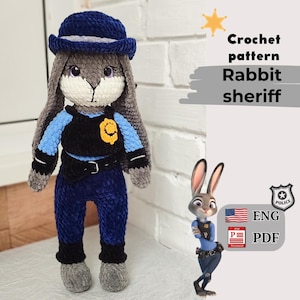 Crochet pattern Rabbit Sheriff Judy, Crochet bunny pattern, police bunny, cartoon bunny, Plush bunny, Crochet pattern officer bunny