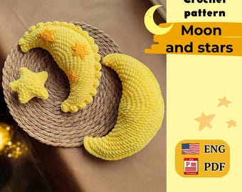 Moon and Stars Crochet Pattern: Amigurumi Mobile, Baby Stroller Pillow (PDF)
