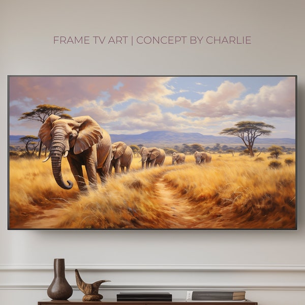 Frame Tv Art Samsung Artful Oilpainting Dry Grass African Elephant Art Savannah Artwork Landscape Decoration Ornament Tv Background Decor