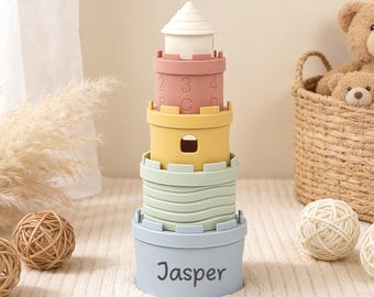 Personalized 3-in-1 Montessori Silicone Stacking Cubes with Name, Soft Silicone Baby Bath Toy, Educational Sensory Toys for 6-12 Months