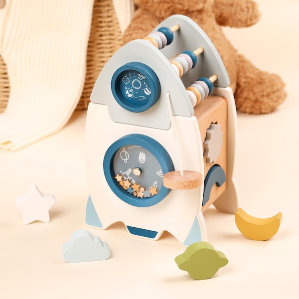 Personalized Wooden Rocket Activity Cube: Toddler Educational Toy