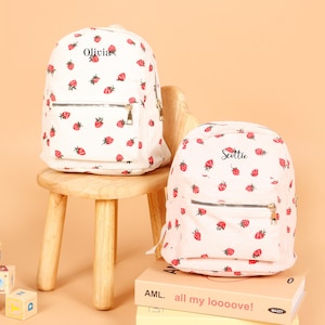 Custom Name Toddler Embroidery Backpack,Personalized Strawberry Corduroy Schoolbag,Kids School Bag,Birthday Gift, Travel Backpack Students