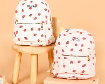 Custom Name Toddler Embroidery Backpack,Personalized Strawberry Corduroy Schoolbag,Kids School Bag,Birthday Gift, Travel Backpack Students