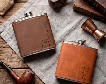 Custom Engraved Leather Flask for Men,Personalized Name Best Man Gift,Perfect Birthday Gift,Groomsmen Gift,Wedding Flask,Father's Day Gift