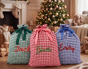 Personalized Gingham Christmas Santa Sack, Custom Embroidered Name Checkered Gift Bag, Drawstring Xmas Present Sack, Kids Gift Bag