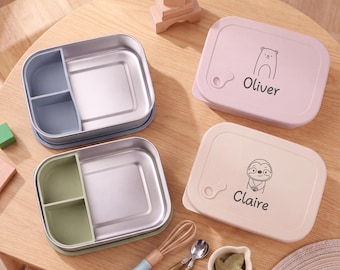 Gepersonaliseerde roestvrijstalen lunchbox met naam voor kinderen, bentobox met dierenprint, voedselcontainer met vakjes voor kleuterschool en op reis.