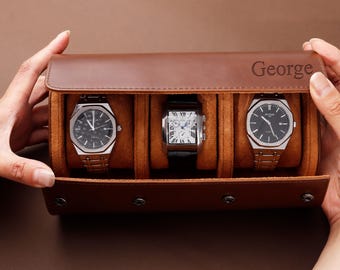 Personalized Leather Watch Roll: Engraved Travel Case for 3 Watches