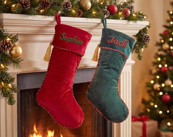 Custom Embroidered Velvet Christmas Stocking, Personalized Name Xmas Stocking, Holiday Mantel Decor, Family Keepsake Gift