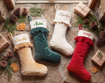 Personalized Velvet Christmas Stocking with Ruffle Cuff, Custom Embroidered Name Xmas Stocking, Farmhouse Family Mantel Decor