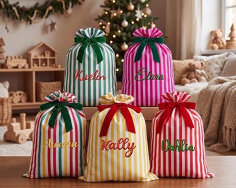 Personalized Striped Christmas Gift Sack, Custom Name Christmas Santa Bag, Velvet Bow Candy Stripe Xmas Sack,  Christmas Present Bag