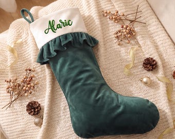 Custom Embroidered Name Xmas Stocking, Personalized Velvet Christmas Stocking with Ruffle Cuff, Farmhouse Family Mantel Decor