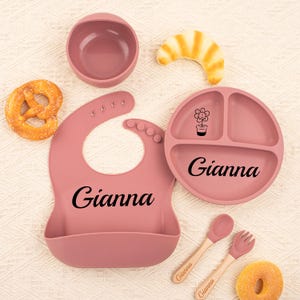 カスタム刻印入りベビーダイニングセット 5点セット、幼児用給餌、カスタム名入れボウルプレート、離乳食セット、新生児ギフト、給餌セットと名前