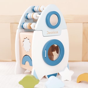 Personalized Wooden Rocket Activity Cube: Toddler Educational Toy