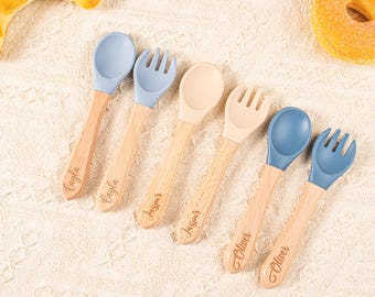 Engraved Baby Spoon and Fork Set: Custom Silicone Toddler Feeding Utensils