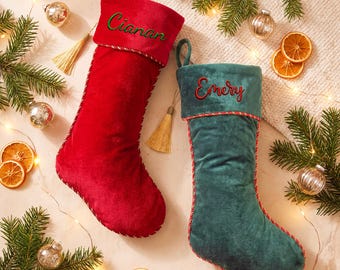 Personalized Name Xmas Stocking, Custom Embroidered Velvet Christmas Stocking, Holiday Mantel Decor, Family Keepsake Gift