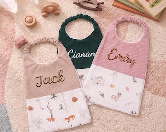 Custom Embroidered Name Woodland Baby Bib | Corduroy Stretchy Neck Bib | Personalized Forest Animal Toddler Bib | Handmade Baby Shower Gift
