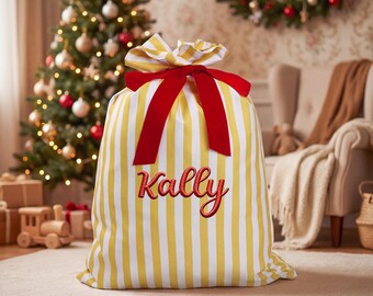 Custom Name Christmas Santa Bag, Personalized Striped Christmas Gift Sack, Velvet Bow Candy Stripe Xmas Sack,  Christmas Present Bag