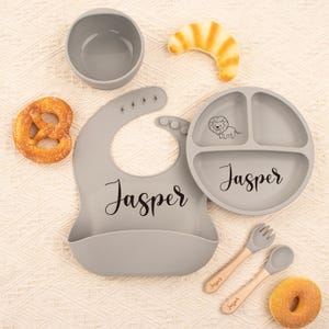 Custom Engraved Baby Feeding Set: Silicone Weaning Bowl, Plate, Bib & Utensils