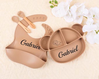 Personalized Silicone Baby Feeding Set: Bear Plate & Cutlery