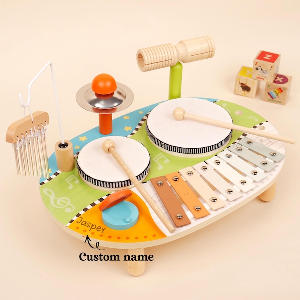 Personalized Wooden Kids Drum Set: Montessori Music Toys
