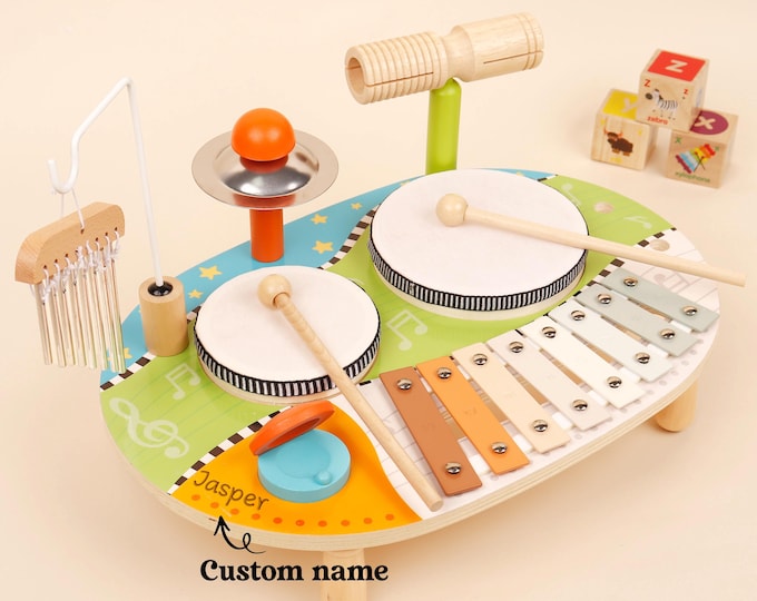 Personalized Wooden Kids Drum Set: Montessori Music Toys
