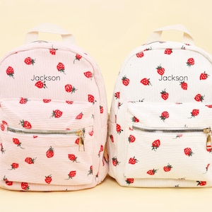 Sac à dos brodé pour tout-petit avec prénom personnalisé, cartable personnalisé en velours côtelé fraise, cartable pour enfants, cadeau d'anniversaire, sac à dos de voyage étudiants