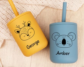 Vaso de silicona grabado con pajita: Vaso de entrenamiento personalizado para niños pequeños