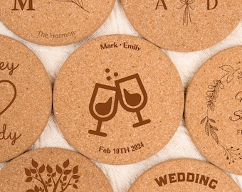 Posavasos de corcho personalizados, regalos de boda, juego de 100 posavasos de boda, posavasos rústicos grabados, juego de posavasos con monograma personalizado, regalos de inauguración de la casa