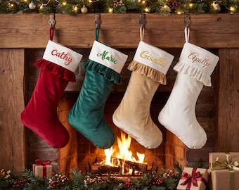 Custom Embroidered Name Xmas Stocking, Personalized Velvet Christmas Stocking with Ruffle Cuff, Farmhouse Family Mantel Decor