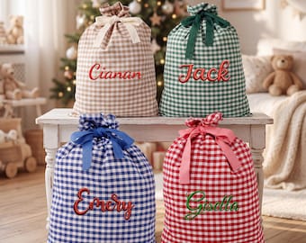 Custom Embroidered Name Checkered Gift Bag, Personalized Gingham Christmas Santa Sack, Drawstring Xmas Present Sack, Christmas gift