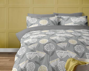 Retro Floral Duvet Cover Set: Grey & Ochre Vintage Style Bedding