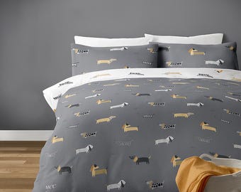 Dachshund Duvet Set: Grey Reversible Polycotton Bedding - UK Sizes