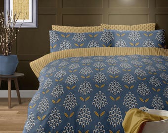Floral Retro Reversible Duvet Cover Set: Navy & Ochre Polycotton Bedding