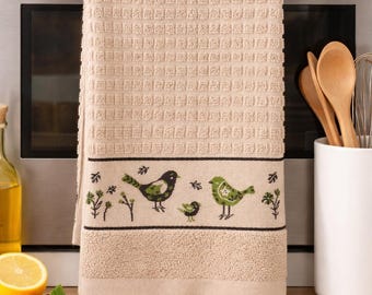 Birds Beige 3 Pack Cotton Kitchen Towels With Waffle Texture