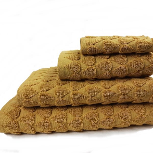 Heavyweight Turkish Cotton Towel – Ochre Yellow Jacquard Teardrop Pattern – Luxury Bath Towel - Optional Personalisation