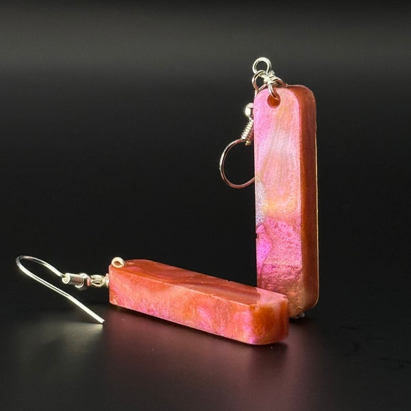 Red Pink & Orange Chameleon Flake Duochrome Long Rectangle Dangle Handmade Epoxy Resin Earrings with Silver Hooks