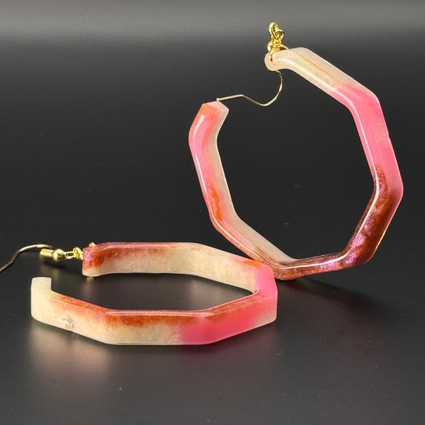 Hexagonal Circle Red Pink White Orange Chameleon Flake Handmade Epoxy Resin Earrings with Gold Hooks