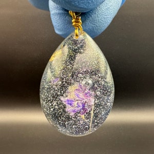 Clear Dried Purple Flowers with Gold Leaf Teardrop Epoxy Resin Long Gold Chain Pendant