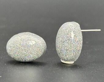 Small Silver Holographic Glitter Oval Stud Epoxy Resin Earrings with Silver Studs