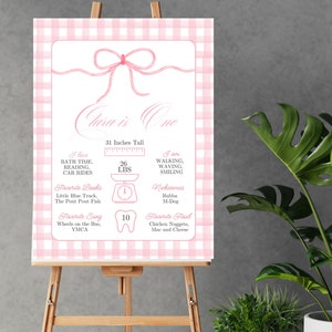 Printable Pink Bow Birthday Milestone Sign, Pink Gingham First 1st Birthday Party Poster, Girl Birthday