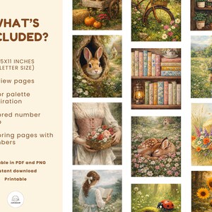 May include: A digital art print featuring a collection of idyllic scenes, including a rabbit in a burrow, a deer in a field, and a woman with flowers. The print includes the text "WHAT'S INCLUDED?" and details about the product, such as "8.5x11 INCHES (LETTER SIZE)".