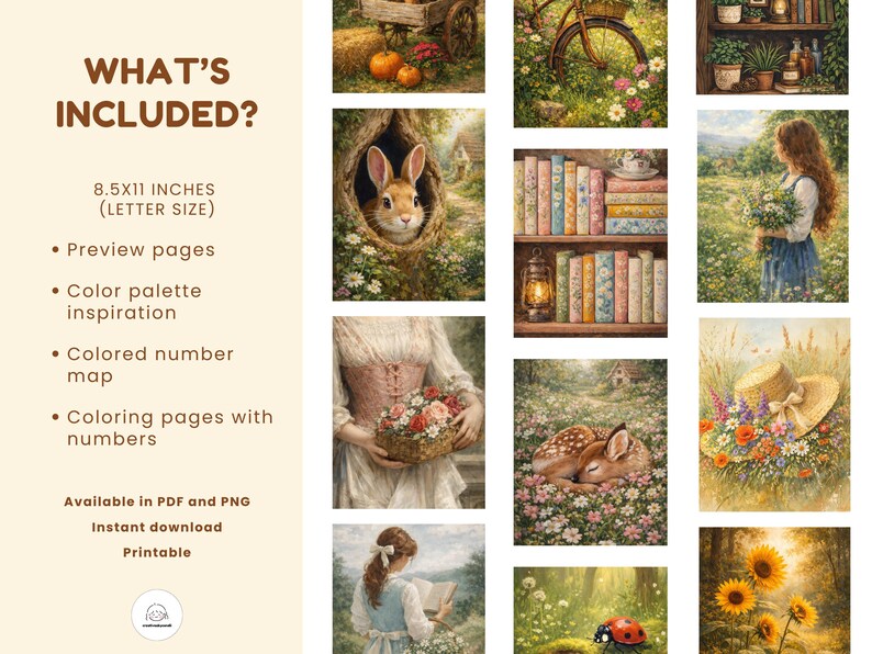 May include: A digital art print featuring a collection of idyllic scenes, including a rabbit in a burrow, a deer in a field, and a woman with flowers. The print includes the text "WHAT'S INCLUDED?" and details about the product, such as "8.5x11 INCHES (LETTER SIZE)".