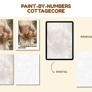 May include: Paint-by-numbers Cottagecore art print featuring a woman in a pink corset holding a basket of flowers. The image is available as a digital download or printable art. The color palette includes shades of pink, white, and brown.