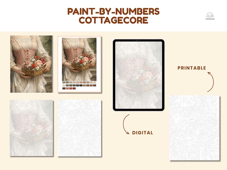 May include: Paint-by-numbers Cottagecore art print featuring a woman in a pink corset holding a basket of flowers. The image is available as a digital download or printable art. The color palette includes shades of pink, white, and brown.