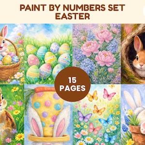 May include: A colorful Easter-themed paint-by-numbers set with illustrations of bunnies, Easter eggs, flowers, and butterflies. The set includes 15 pages. The text "PAINT BY NUMBERS SET EASTER" is at the top.
